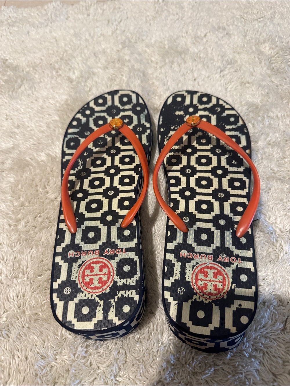 Tory Burch Kids Black & Orange Patterned Logo Flip Flops